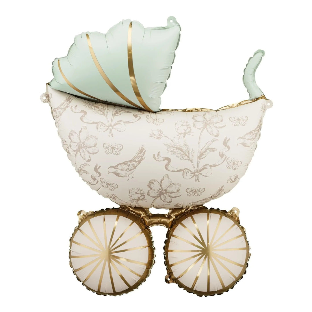 Baby Pram Balloon - Large Cream & Gold Baby Carriage Foil Balloon - Air Or Helium Fill - Baby Shower Balloon - Gender Neutral - Welcome Home - Jolie Fete UK