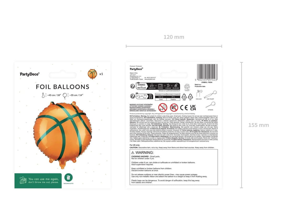 Basketball Balloon - Large Orange Basketball Ball Foil Balloon - Air Or Helium Fill - Sports Party - American Sports - Kids Party Supplies - Jolie Fete UK