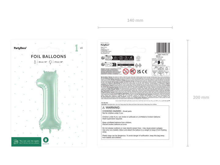 Pastel Green Number 1 Balloon - Large Light Mint Green Foil 1 balloon - Birthday Balloon - Party Decorations - 72cm Balloon - 30" Balloon - Jolie Fete UK