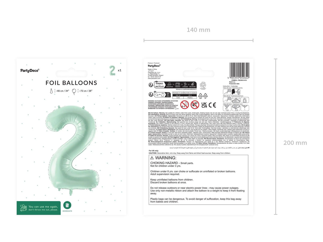 Pastel Green Number 2 Balloon - Large Light Mint Green Foil 2 balloon - Birthday Balloon - Party Decorations - 72cm Balloon - 30" Balloon - Jolie Fete UK
