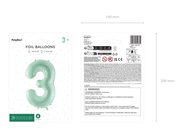 Pastel Green Number 3 Balloon - Large Light Mint Green Foil 3 balloon - Birthday Balloon - Party Decorations - 72cm Balloon - 30" Balloon - Jolie Fete UK