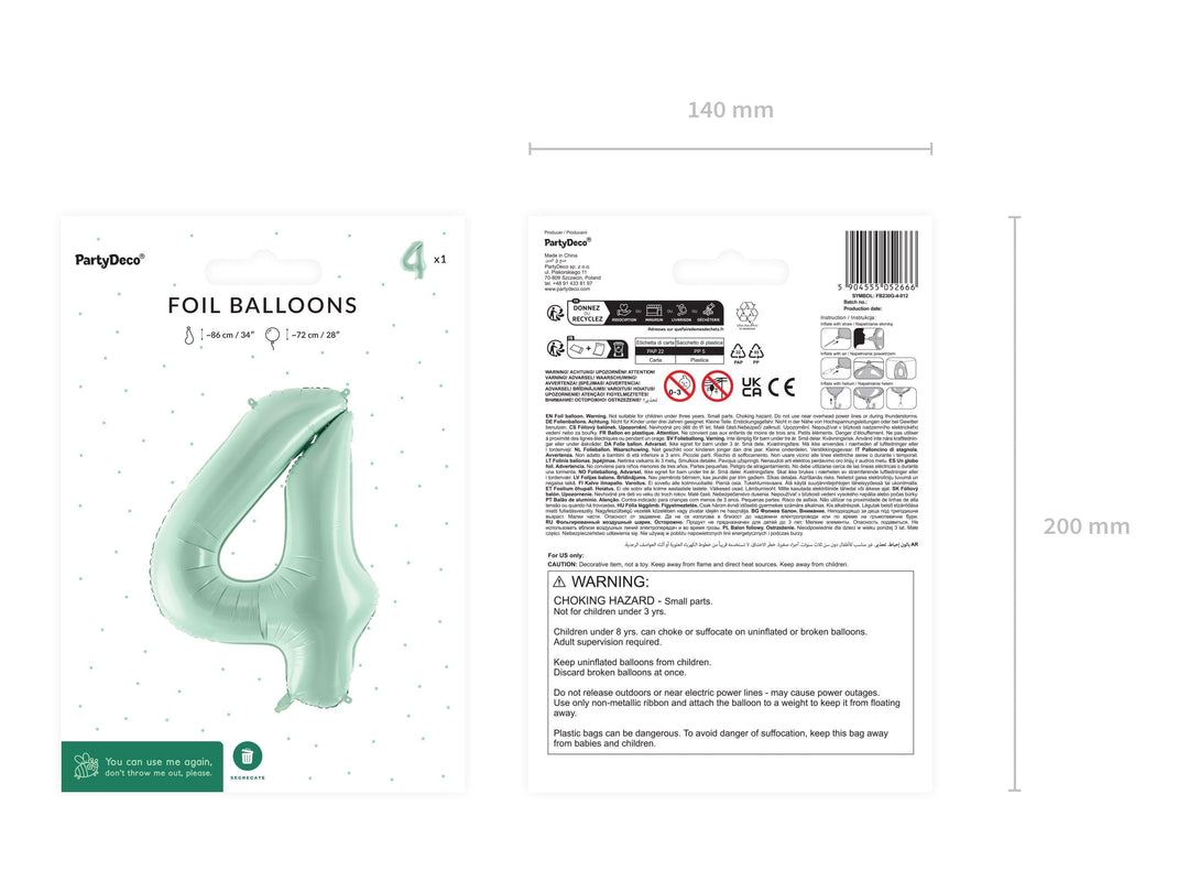 Pastel Green Number 4 Balloon - Large Light Mint Green Foil 4 balloon - Birthday Balloon - Party Decorations - 72cm Balloon - 30" Balloon - Jolie Fete UK
