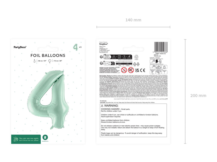 Pastel Green Number 4 Balloon - Large Light Mint Green Foil 4 balloon - Birthday Balloon - Party Decorations - 72cm Balloon - 30" Balloon - Jolie Fete UK