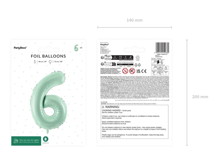 Pastel Green Number 6 Balloon - Large Light Mint Green Foil 6 balloon - Birthday Balloon - Party Decorations - 72cm Balloon - 30" Balloon - Jolie Fete UK