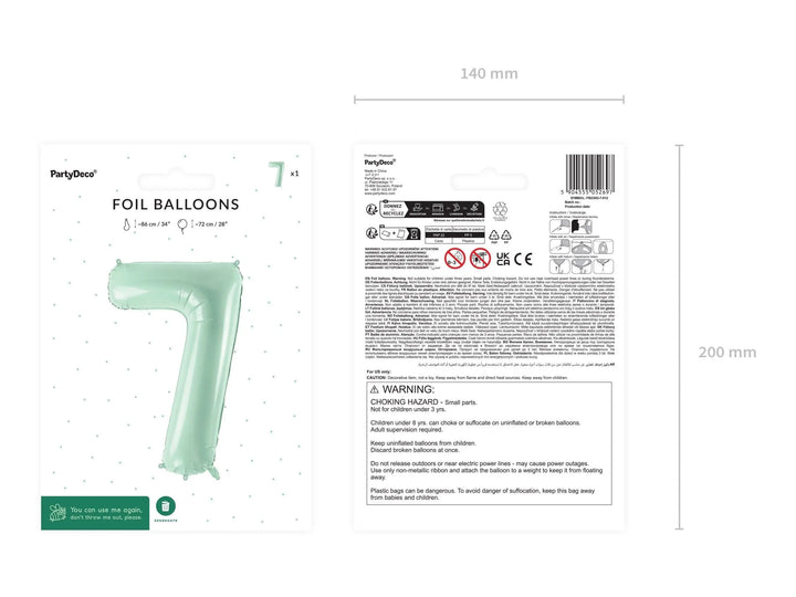Pastel Green Number 7 Balloon - Large Light Mint Green Foil 7 balloon - Birthday Balloon - Party Decorations - 72cm Balloon - 30" Balloon - Jolie Fete UK