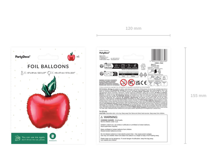 Apple Balloon - Large Red Apple Foil Balloon - Air Or Helium Fill - Kids Birthday Balloons - Food Balloons - Fruit Balloons - Nature Outdoor - Jolie Fete UK