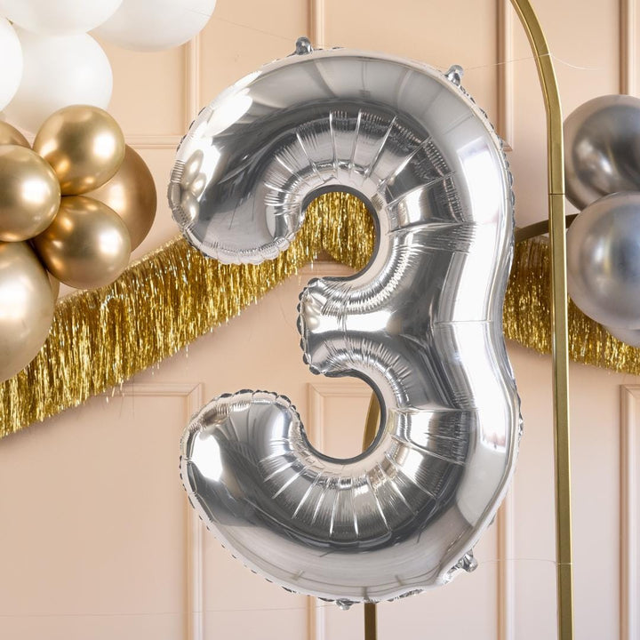 Silver Number 3 Balloon - Large Silver Foil 3 balloon - Birthday Balloon - Party Decorations - 72cm Balloon - 30" Balloon - Jolie Fete UK
