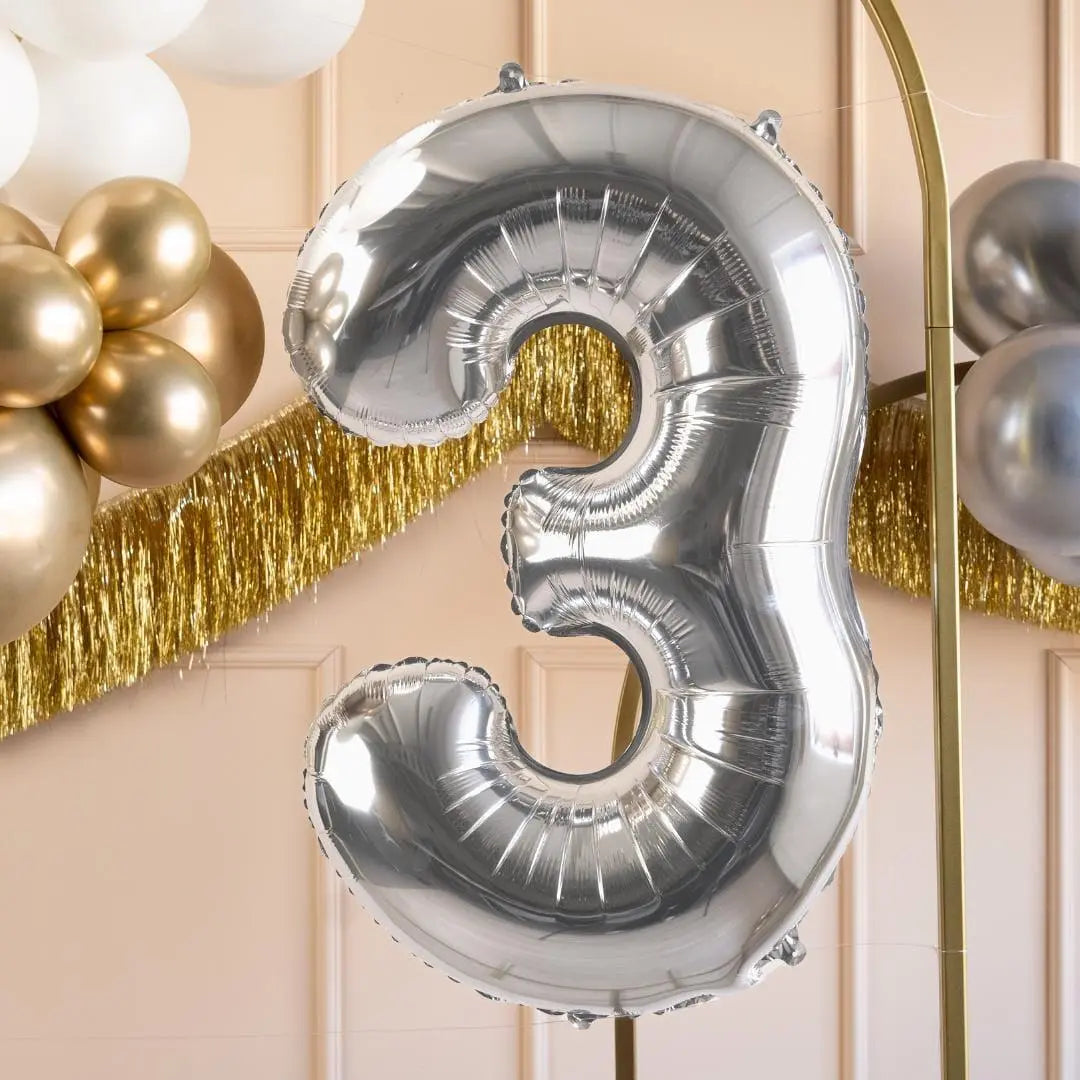 Silver Number 3 Balloon - Large Silver Foil 3 balloon - Birthday Balloon - Party Decorations - 72cm Balloon - 30" Balloon - Jolie Fete UK