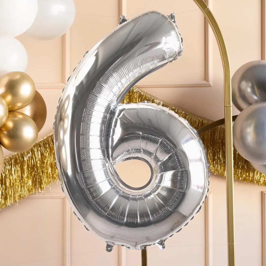 Silver Number 6 Balloon - Large Silver Foil 6 balloon - Birthday Balloon - Party Decorations - 72cm Balloon - 30" Balloon - Jolie Fete UK