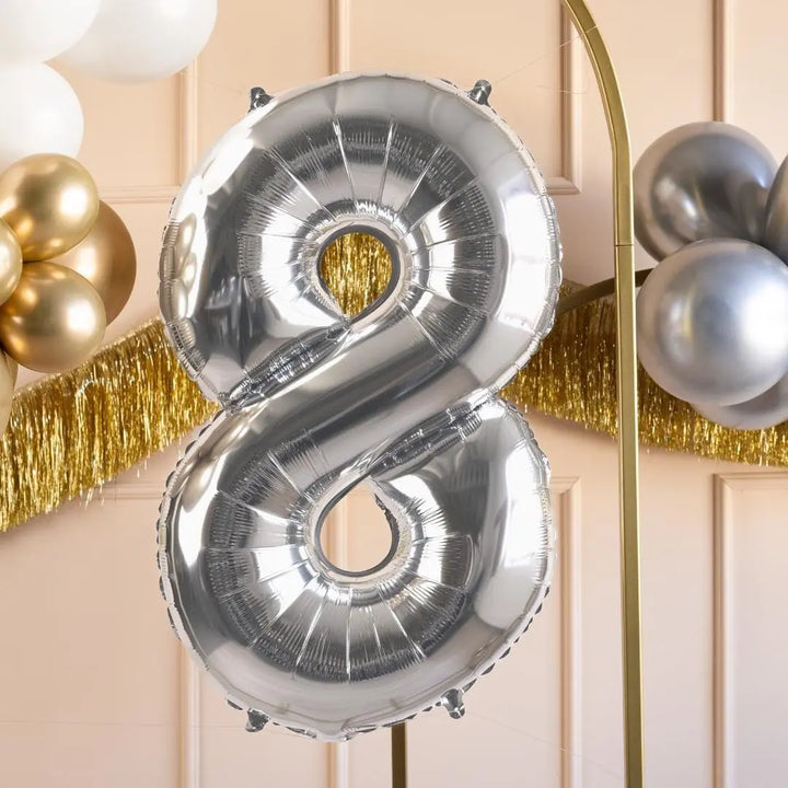 Silver Number 8 Balloon - Large Silver Foil 8 balloon - Birthday Balloon - Party Decorations - 72cm Balloon - 30" Balloon - Jolie Fete UK