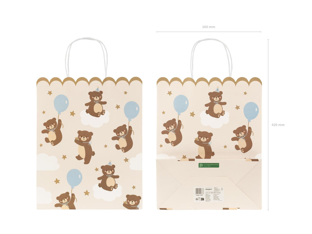 Teddy Bear Gift Bag - Large Scalloped Edge Party Bag - Neutral Cream With Brown Bears & Blue Balloons - We Can Bearly Wait Baby Shower -32cm - Jolie Fete UK