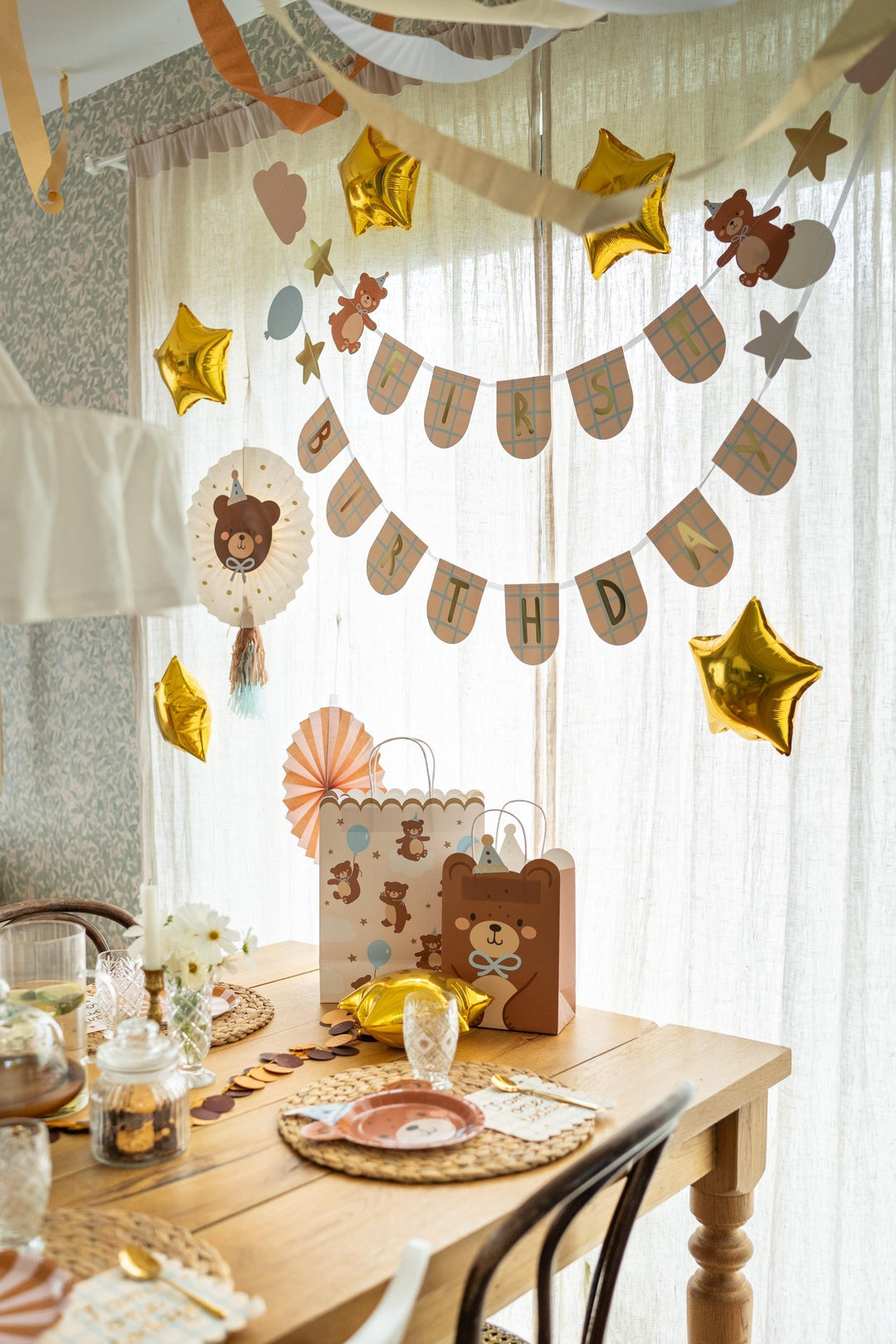 Teddy Bear Gift Bag - Large Scalloped Edge Party Bag - Neutral Cream With Brown Bears & Blue Balloons - We Can Bearly Wait Baby Shower -32cm - Jolie Fete UK