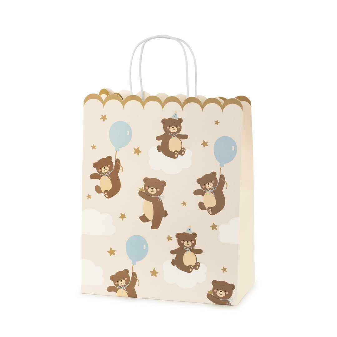 Teddy Bear Gift Bag - Large Scalloped Edge Party Bag - Neutral Cream With Brown Bears & Blue Balloons - We Can Bearly Wait Baby Shower -32cm - Jolie Fete UK