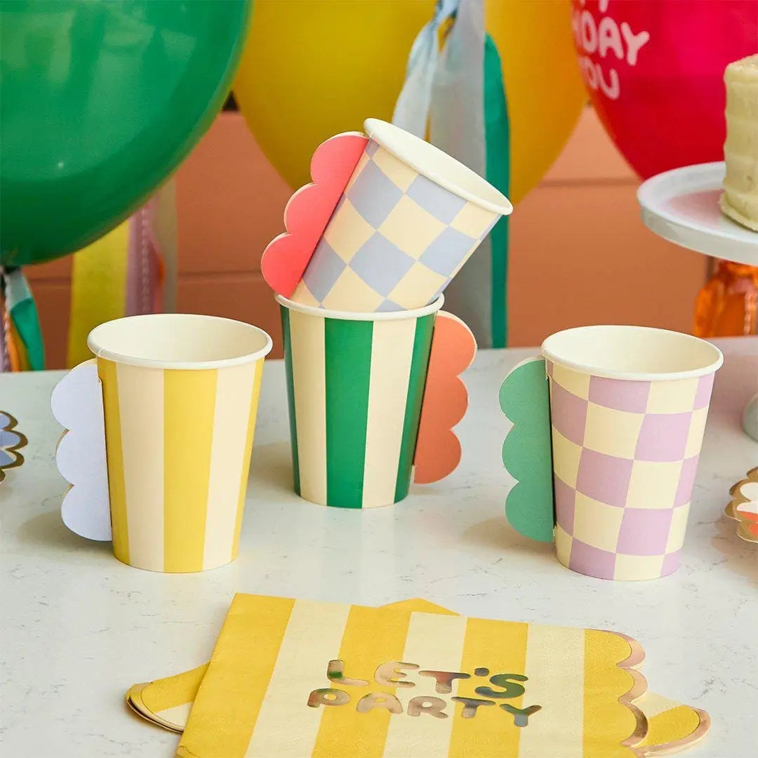 Let's Party Napkins - Rainbow Tableware - Kids Birthday Paper Napkins - Gold Foil Scalloped Edge - Yellow Stripes-Bright Birthday-Pack Of 16 - Jolie Fete UK