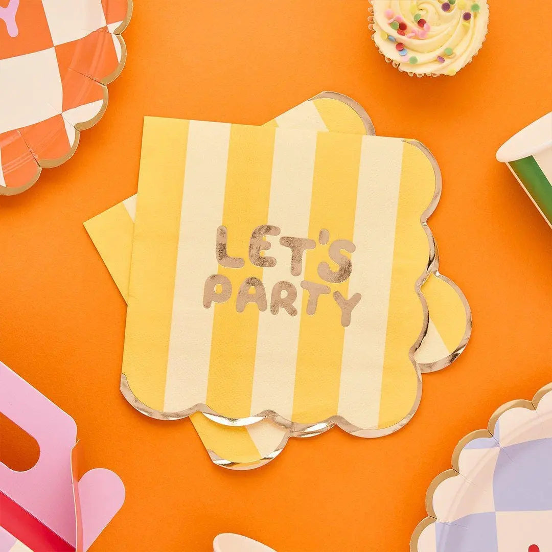 Let's Party Napkins - Rainbow Tableware - Kids Birthday Paper Napkins - Gold Foil Scalloped Edge - Yellow Stripes-Bright Birthday-Pack Of 16 - Jolie Fete UK