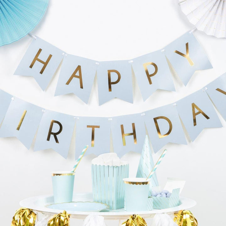 Happy Birthday Banner - Blue Birthday Party Bunting - Pastel Blue Garland - Boys Birthday Party Decorations - Blue & Gold Party Decor - DIY - Jolie Fete UK