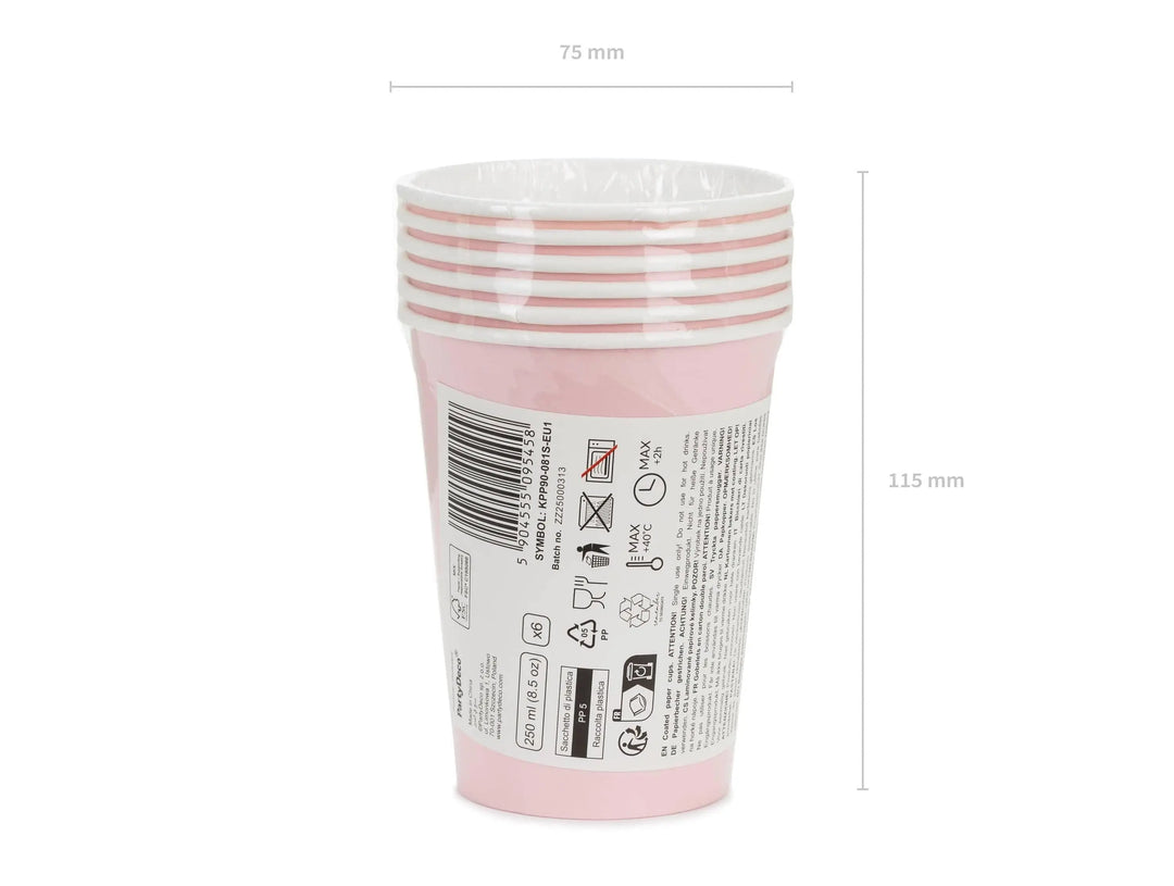 Light Pink Paper Cups 250ml - Pastel Pink Party Cups - Disposable Cups for Birthday - Baby Shower - Tea Party - Wedding Decor - Pack of 6 - Jolie Fete UK