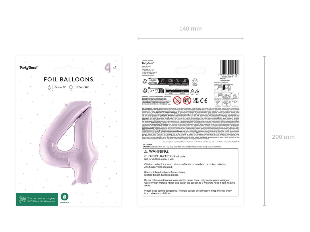 Lilac Number 4 Balloon 72cm / 30" - Large Pastel Purple Foil Mylar Digit - 4th Birthday Decor - 40th - Anniversary Party Supplies - Mermaid - Jolie Fete UK
