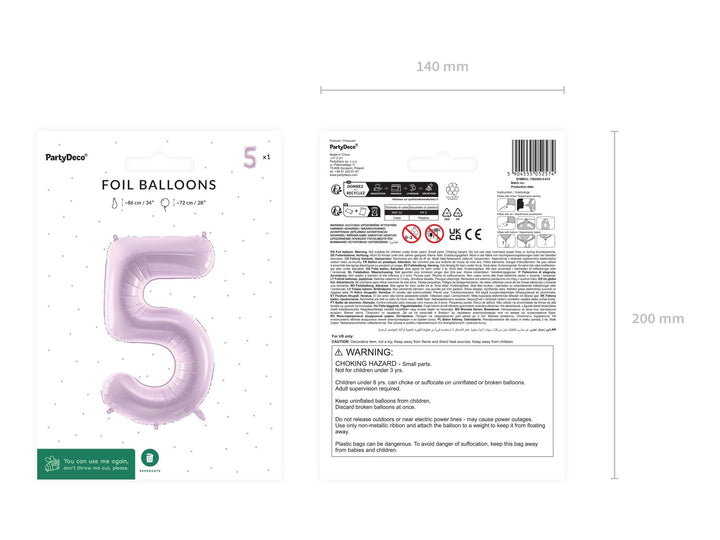 Lilac Number 5 Balloon 72cm / 30" - Large Pastel Purple Foil Mylar Digit - 5th Birthday Decor - 50th - Anniversary Party Supplies - Mermaid - Jolie Fete UK