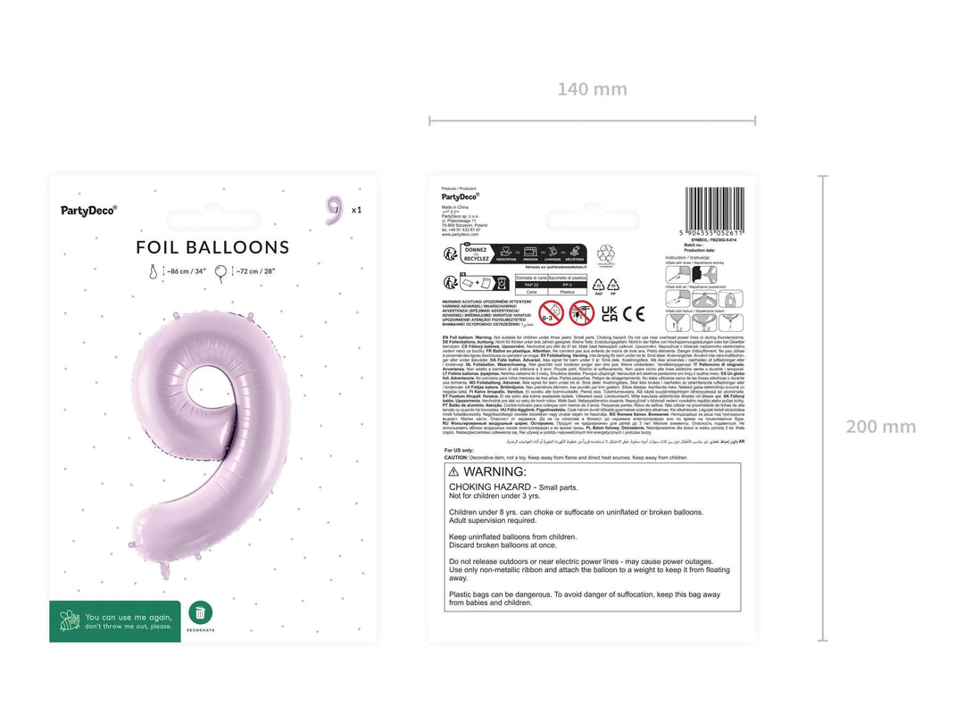 Lilac Number 9 Balloon 72cm / 30" - Large Pastel Purple Foil Mylar Digit - 9th Birthday Decor - 90th - Anniversary Party Supplies - Mermaid - Jolie Fete UK