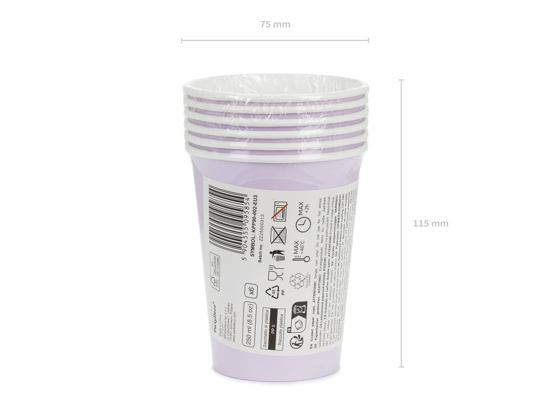 Lilac Paper Cups 250ml - Pastel Violet Party Cups - Disposable Cups for Birthday - Mermaid Party - Tea Party - Underwater Theme - Pack of 6 - Jolie Fete UK