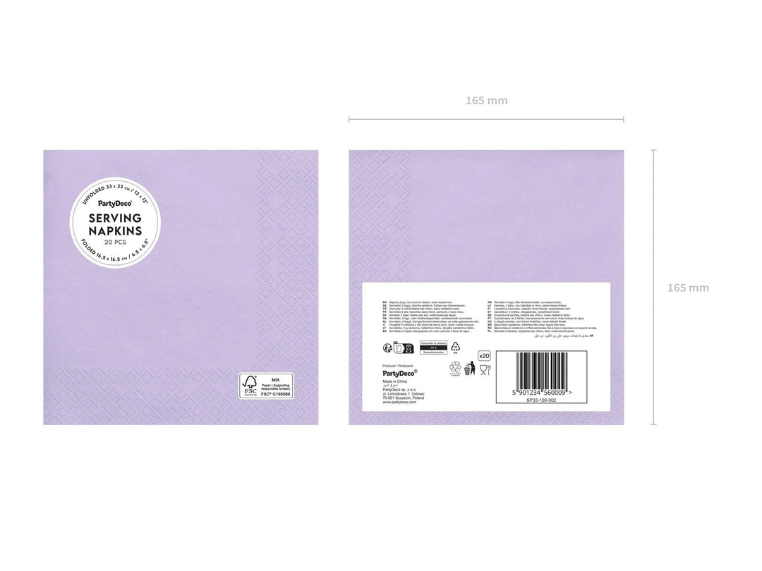 Lilac Paper Napkins - Light Pastel Lilac Dinner Napkins - Kids Birthday - Mermaid Party - Underwater Theme - Pack of 20 - Jolie Fete UK