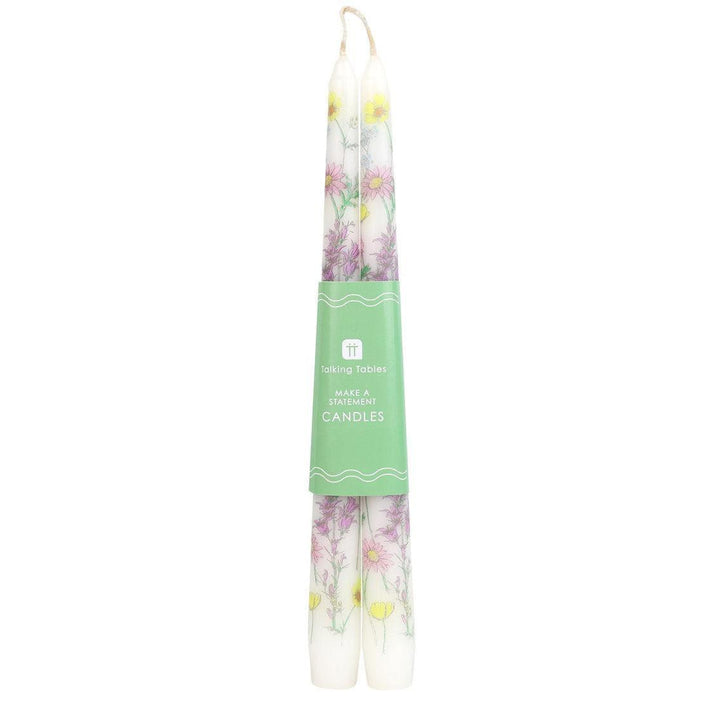 Meadow Pattern Dinner Candles - Floral Tall Candles - Wildflower Wedding Table Decor - Spring Gift - Boho Home Accents - Pack Of 2 - Jolie Fete UK