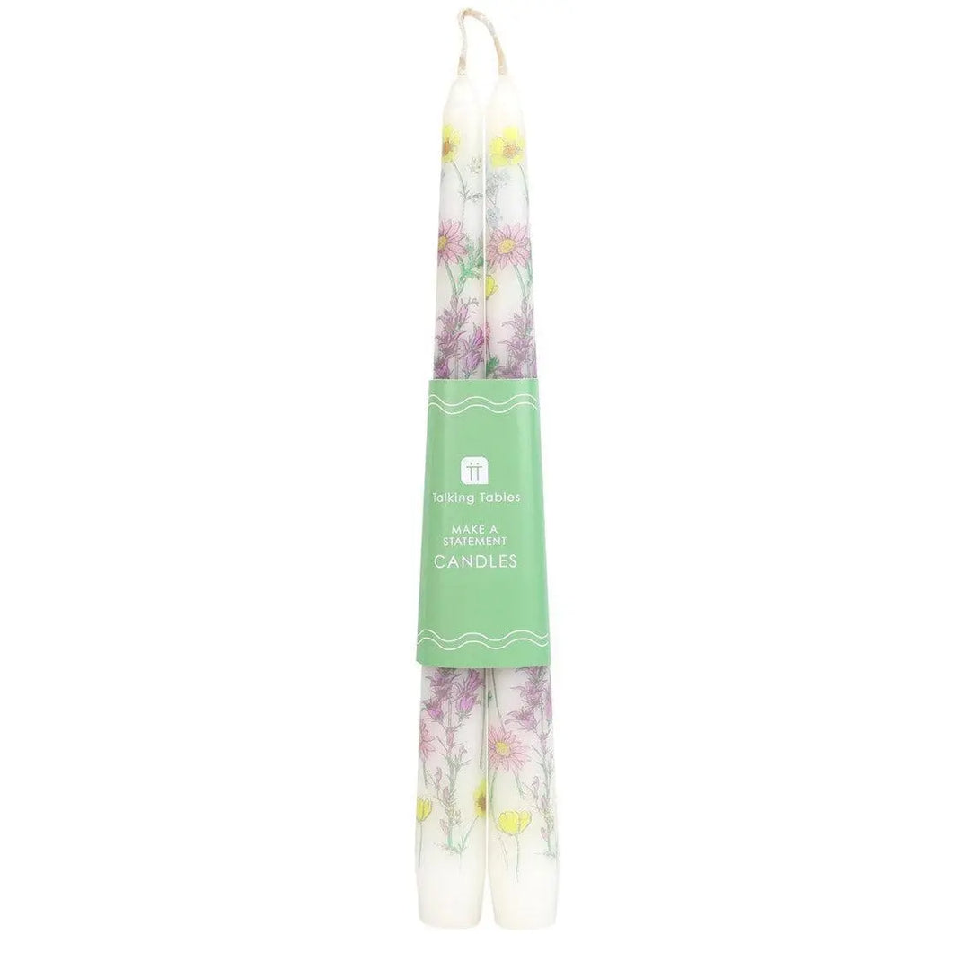 Meadow Pattern Dinner Candles - Floral Tall Candles - Wildflower Wedding Table Decor - Spring Gift - Boho Home Accents - Pack Of 2 - Jolie Fete UK