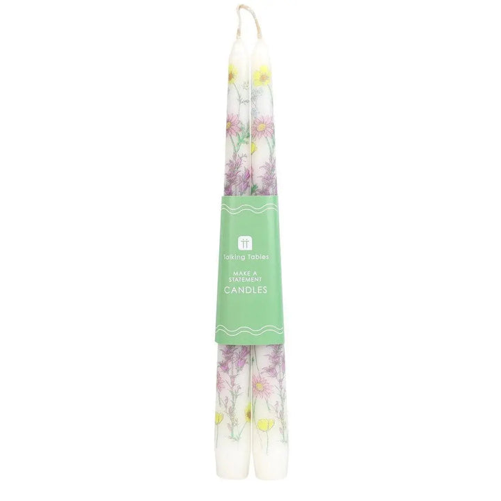 Meadow Pattern Dinner Candles - Floral Tall Candles - Wildflower Wedding Table Decor - Spring Gift - Boho Home Accents - Pack Of 2 - Jolie Fete UK