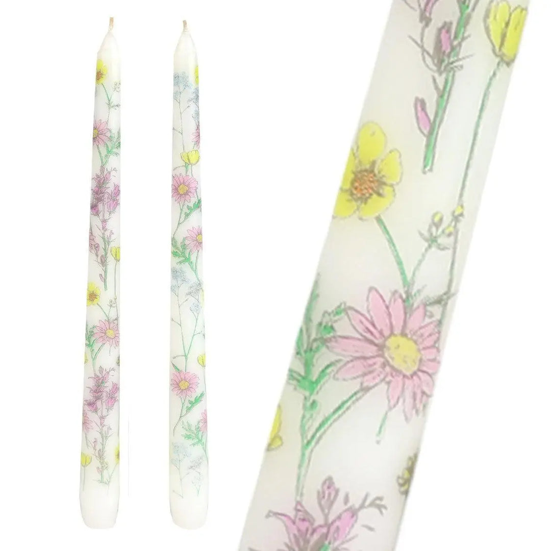 Meadow Pattern Dinner Candles - Floral Tall Candles - Wildflower Wedding Table Decor - Spring Gift - Boho Home Accents - Pack Of 2 - Jolie Fete UK