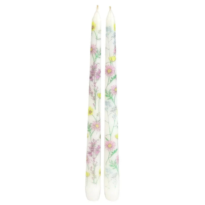 Meadow Pattern Dinner Candles - Floral Tall Candles - Wildflower Wedding Table Decor - Spring Gift - Boho Home Accents - Pack Of 2 - Jolie Fete UK