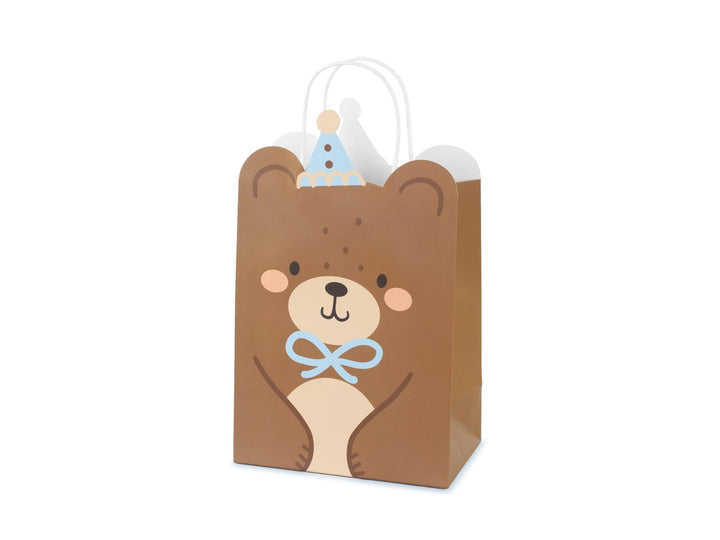 Teddy Bear Gift Bag With Ears - Medium Party Bag - Brown Bear With Blue Hat & Bow-1st Birthday Party Bag-We Can Bearly Wait Baby Shower-29cm - Jolie Fete UK