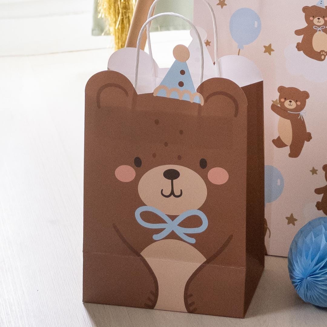 Teddy Bear Gift Bag With Ears - Medium Party Bag - Brown Bear With Blue Hat & Bow-1st Birthday Party Bag-We Can Bearly Wait Baby Shower-29cm - Jolie Fete UK