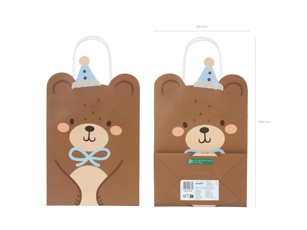 Teddy Bear Gift Bag With Ears - Medium Party Bag - Brown Bear With Blue Hat & Bow-1st Birthday Party Bag-We Can Bearly Wait Baby Shower-29cm - Jolie Fete UK