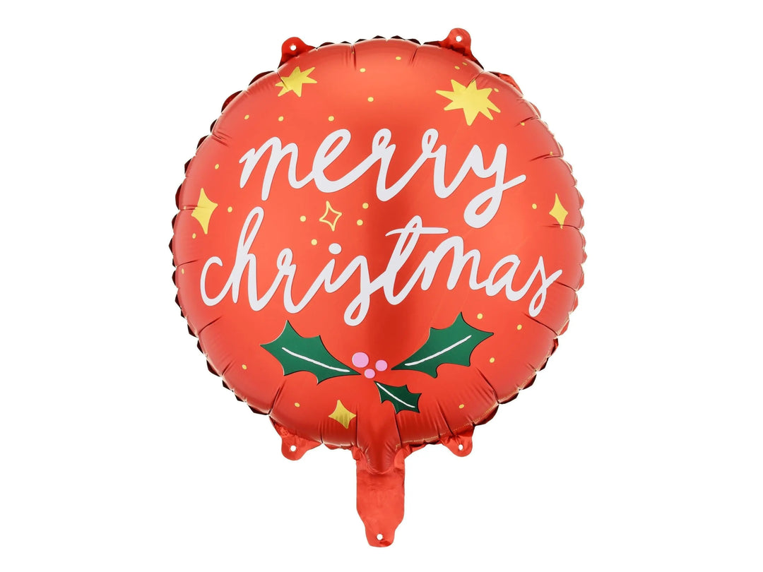 Merry Christmas Balloon - Red Festive Foil Balloon - Christmas Bauble Foil Balloon - Balloon With Green Holly - Bauble Balloon - Jolie Fete UK