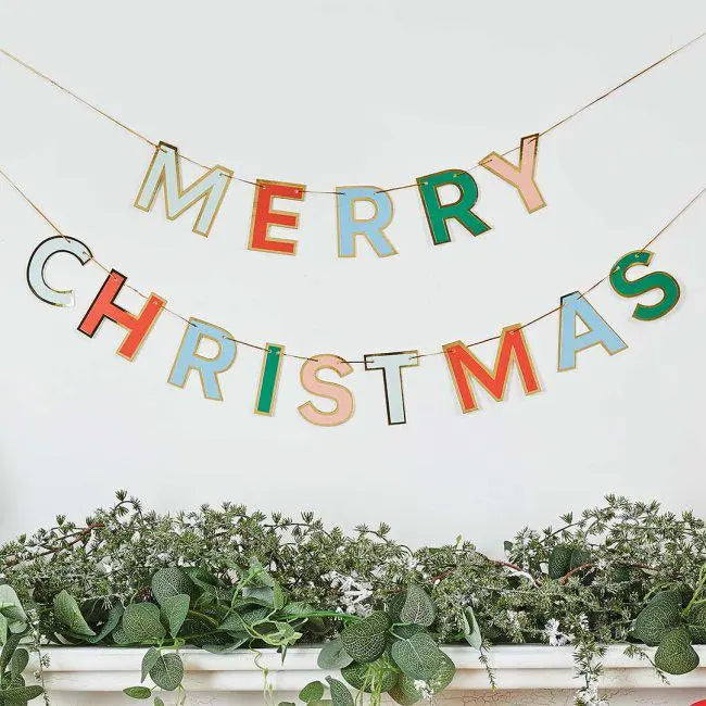Merry Christmas Card Banner - 2.5m Christmas Bunting - Multicolour Festive Home Party Decoration - Xmas Garland Sign - Card Banner Decor - Jolie Fete UK