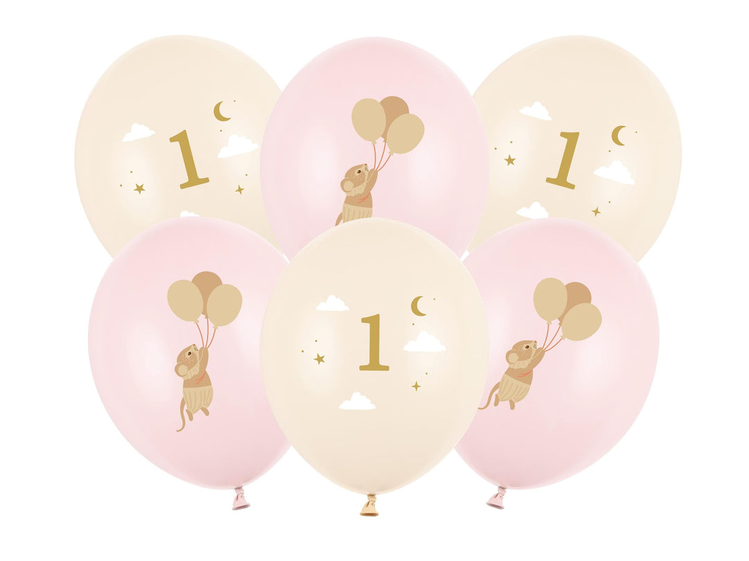 Mice 1st Birthday Balloons - Pastel Pink and Beige Balloon Cluster - Whimsical Party Decor - Neutral Milestone - One Little Mouse -Pack Of 6 - Jolie Fete UK