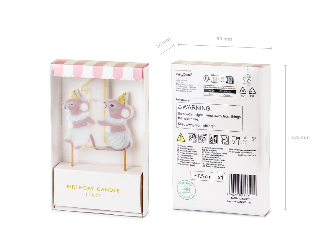 Mice Number 1 Birthday Candle - First Birthday Cake Topper - 1st Birthday Mouse Candle - Cake Smash - Neutral Milestone - One Little Mouse - Jolie Fete UK