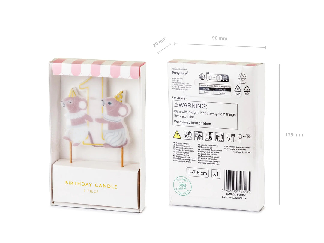 Mice Number 1 Birthday Candle - First Birthday Cake Topper - 1st Birthday Mouse Candle - Cake Smash - Neutral Milestone - One Little Mouse - Jolie Fete UK