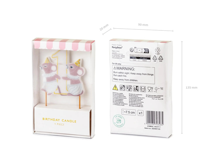 Mice Number 1 Birthday Candle - First Birthday Cake Topper - 1st Birthday Mouse Candle - Cake Smash - Neutral Milestone - One Little Mouse - Jolie Fete UK