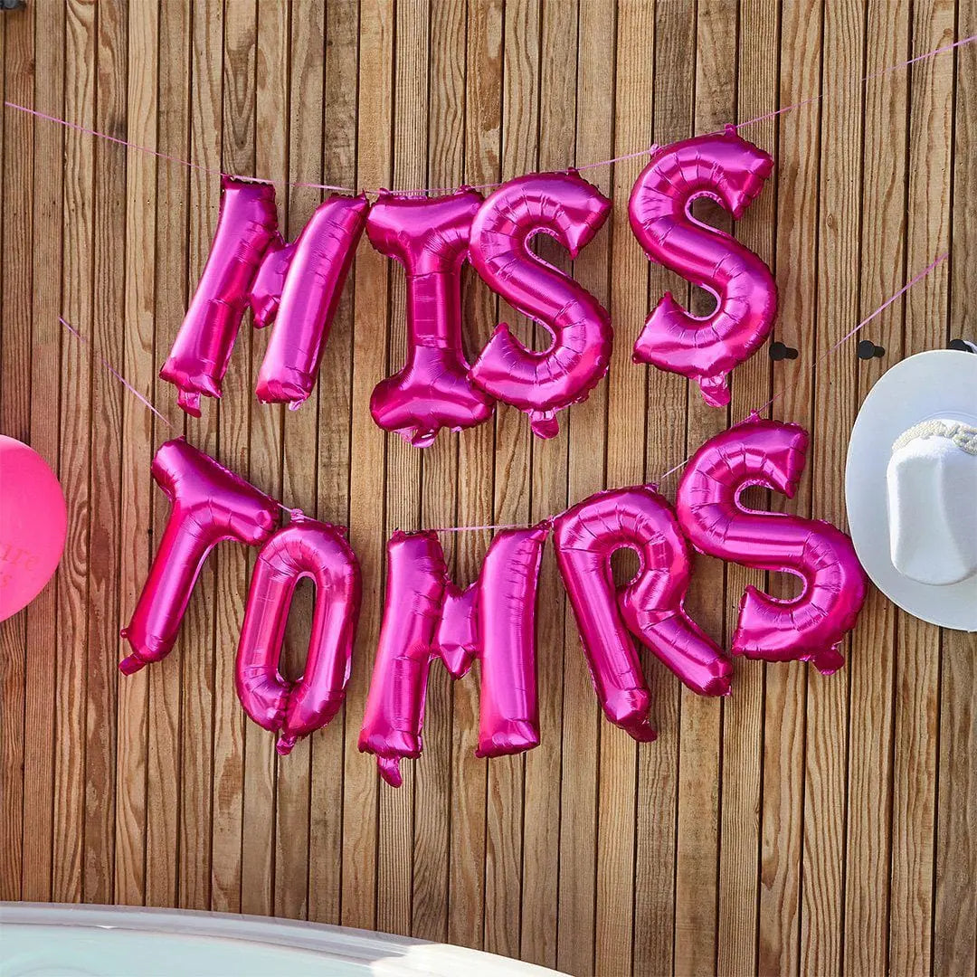 Miss to Mrs Balloons Pink Hen Party Decoration - 16 Inch Hot Pink Foil Letters - Bachelorette Party Backdrop - Tying The Knot Wedding Decor - Jolie Fete UK