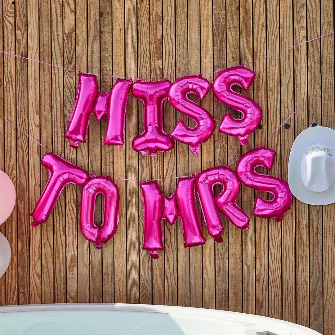 Miss to Mrs Balloons Pink Hen Party Decoration - 16 Inch Hot Pink Foil Letters - Bachelorette Party Backdrop - Tying The Knot Wedding Decor - Jolie Fete UK