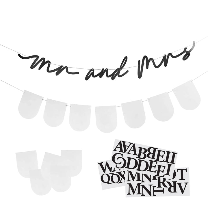 Mr & Mrs Wedding Bunting - Monochrome Minimalist Reception Decor - Black and White Party Garland - Customise With Your Surname - Jolie Fete UK