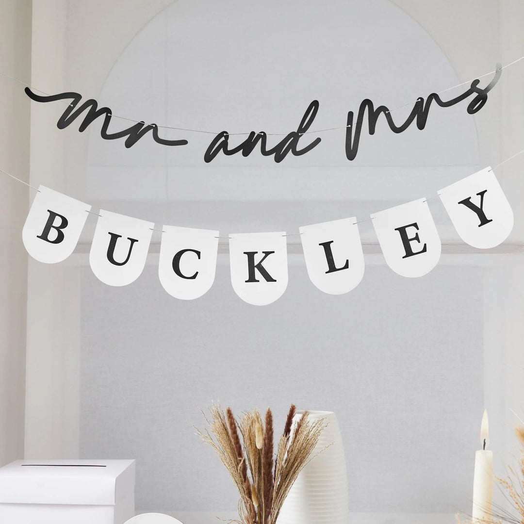 Mr & Mrs Wedding Bunting - Monochrome Minimalist Reception Decor - Black and White Party Garland - Customise With Your Surname - Jolie Fete UK