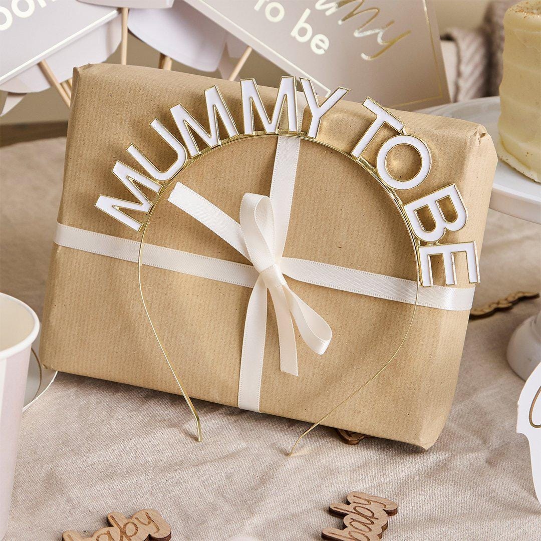 Mummy To Be Headband - Neutral Baby Shower Crown - Gold and White Enamel Headpiece - Gender Neutral Accessories - A Little Dream Collection - Jolie Fete UK