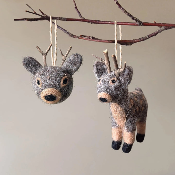 Needle Felted Christmas Reindeer - Wool Reindeer Tree Decoration - Christmas Tree Decorations - Grey & Brown Wool Felt Reindeer - Jolie Fete UK