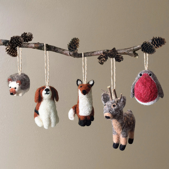 Needle Felted Christmas Reindeer - Wool Reindeer Tree Decoration - Christmas Tree Decorations - Grey & Brown Wool Felt Reindeer - Jolie Fete UK