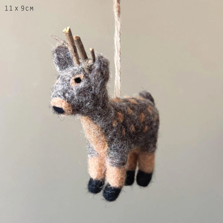 Needle Felted Christmas Reindeer - Wool Reindeer Tree Decoration - Christmas Tree Decorations - Grey & Brown Wool Felt Reindeer - Jolie Fete UK