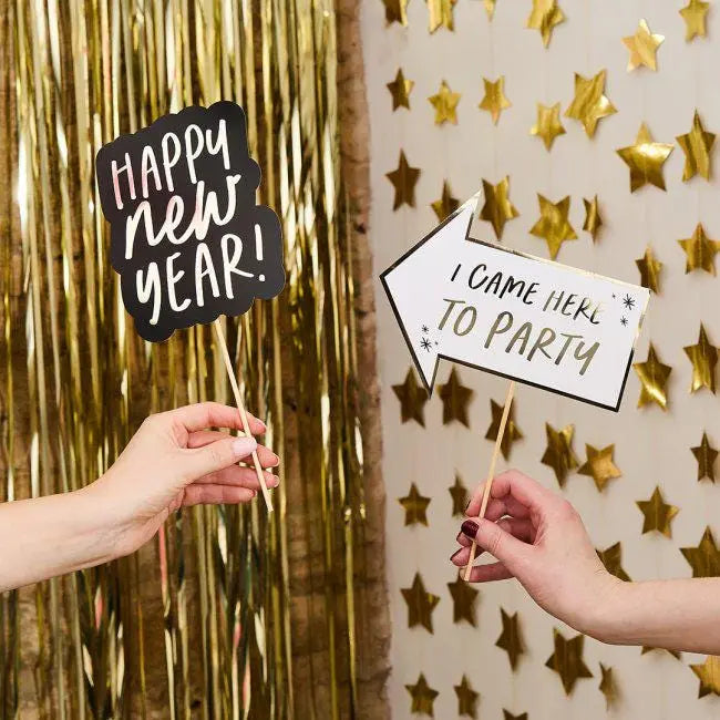 New Year Photo Props Pack of 10 - Gold Foiled NYE Party Props - New Years Eve Photo Booth Props - Countdown Party Decorations - Selfie - Jolie Fete UK