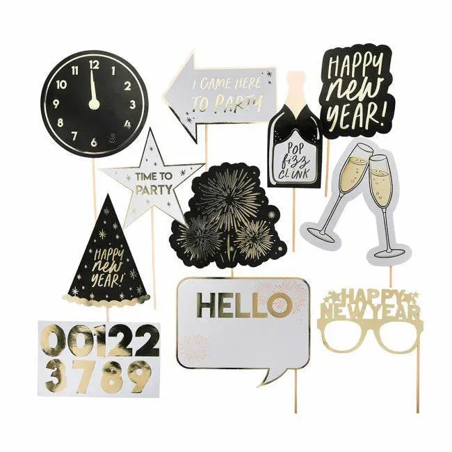 New Year Photo Props Pack of 10 - Gold Foiled NYE Party Props - New Years Eve Photo Booth Props - Countdown Party Decorations - Selfie - Jolie Fete UK